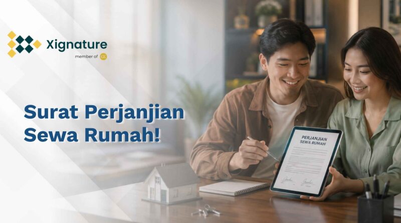 Sepasang pria dan wanita muda tersenyum bersama sambil menunjukkan dokumen kontrak surat perjanjian sewa rumah digital yang sudah ditandatangani di layar tablet.