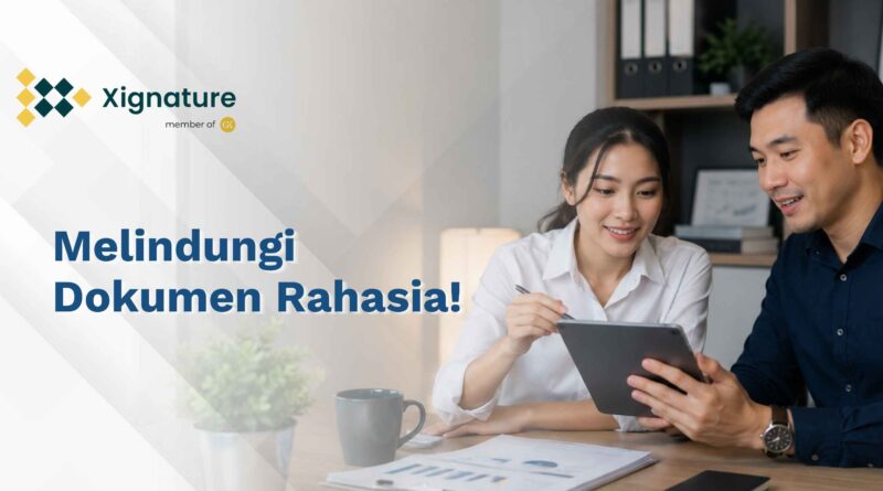 Dua orang profesional pria dan wanita di kantor sedang bekerja sama meninjau berkas penting di layar tablet digital menggunakan stylus pen.