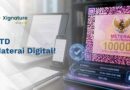 Visualisasi hologram 3D e-Meterai resmi Peruri Rp10.000 dengan indikator verifikasi sah dan data enkripsi digital di samping perangkat laptop serta smartphone.