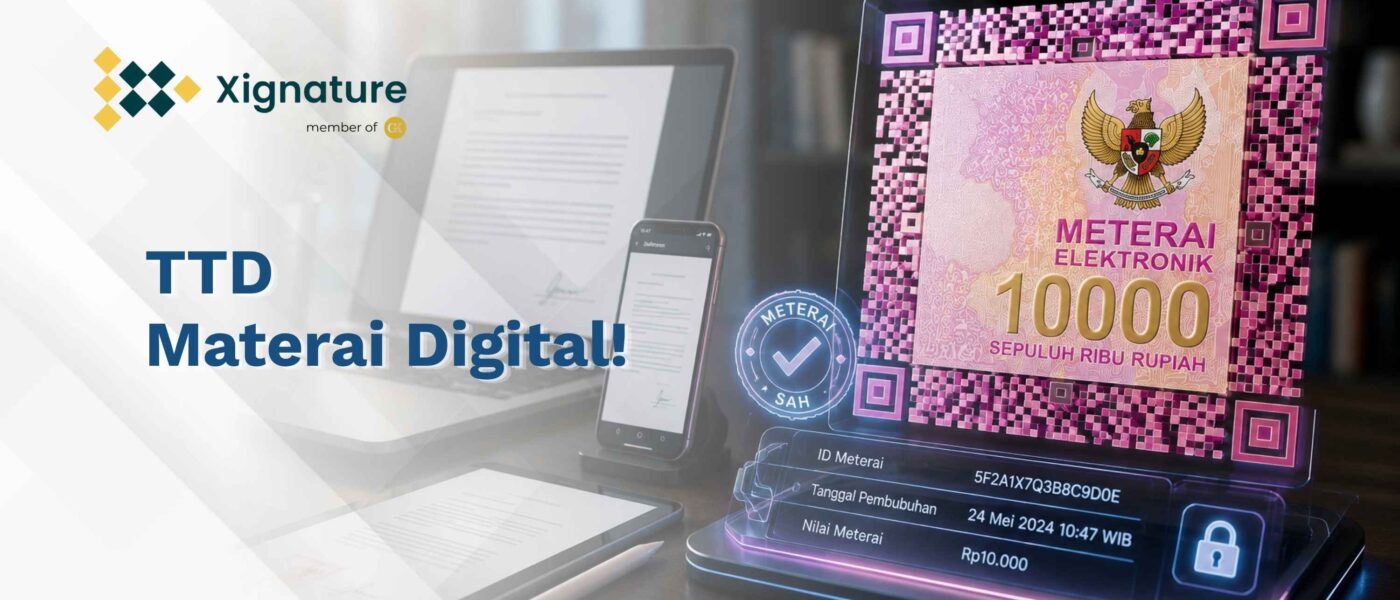Visualisasi hologram 3D e-Meterai resmi Peruri Rp10.000 dengan indikator verifikasi sah dan data enkripsi digital di samping perangkat laptop serta smartphone.
