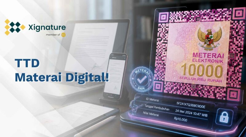 Visualisasi hologram 3D e-Meterai resmi Peruri Rp10.000 dengan indikator verifikasi sah dan data enkripsi digital di samping perangkat laptop serta smartphone.