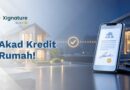 Ilustrasi akad kredit rumah digital dengan rumah dan smartphone bertanda tangan elektronik
