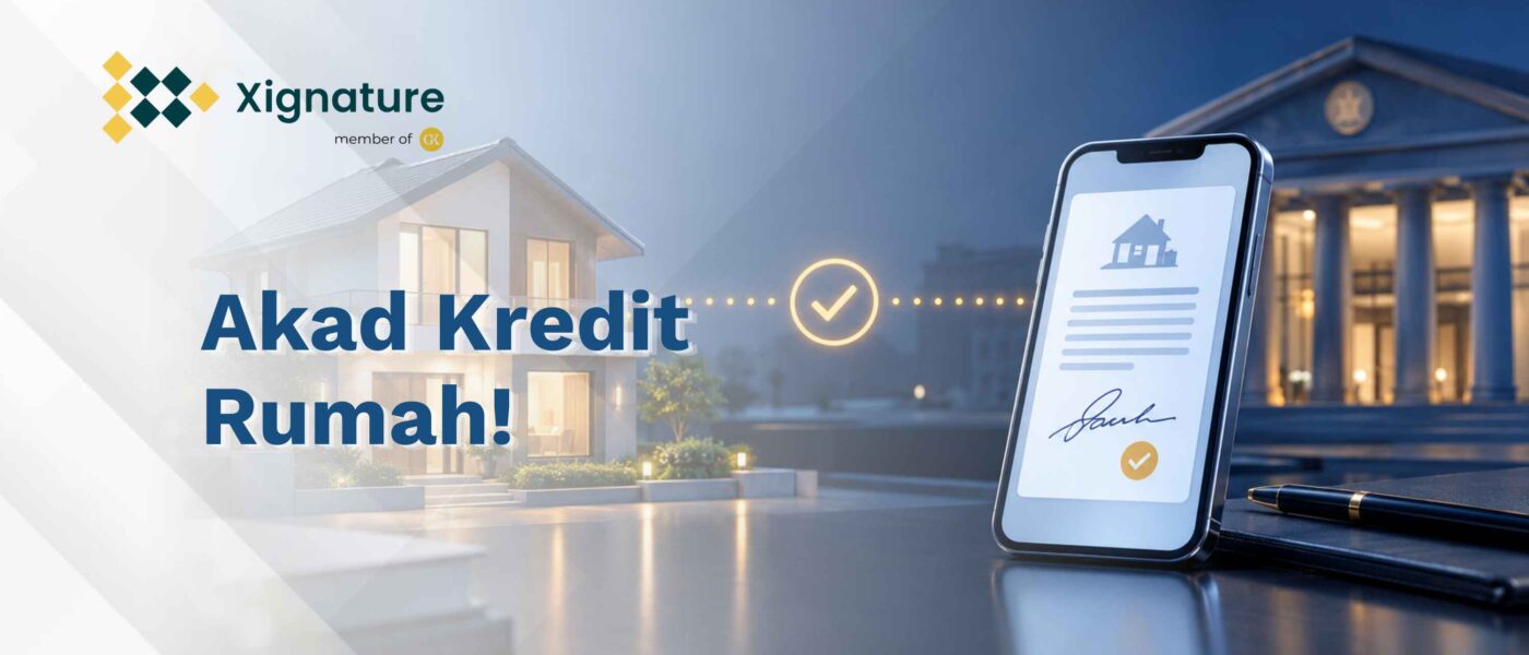 Ilustrasi akad kredit rumah digital dengan rumah dan smartphone bertanda tangan elektronik