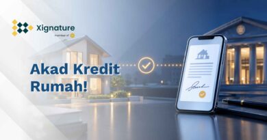 Ilustrasi akad kredit rumah digital dengan rumah dan smartphone bertanda tangan elektronik