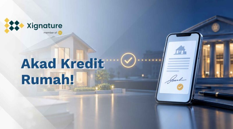 Ilustrasi akad kredit rumah digital dengan rumah dan smartphone bertanda tangan elektronik