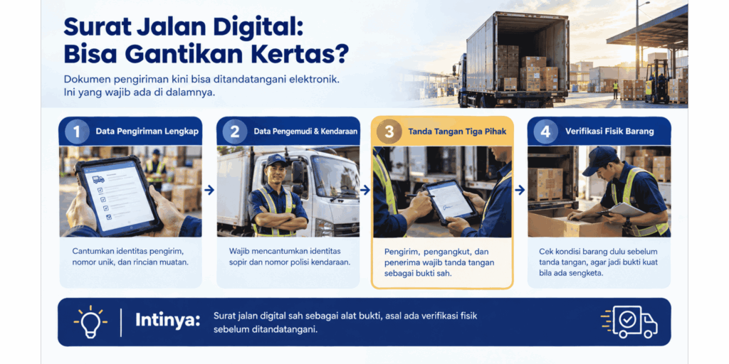Infografis alur tanda tangan tiga pihak dan komponen wajib surat jalan digital