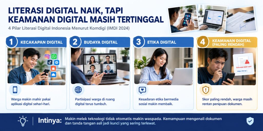 Infografis 4 pilar literasi digital Indonesia menurut Komdigi, pilar keamanan digital menjadi yang paling rendah dan rentan penipuan dokumen