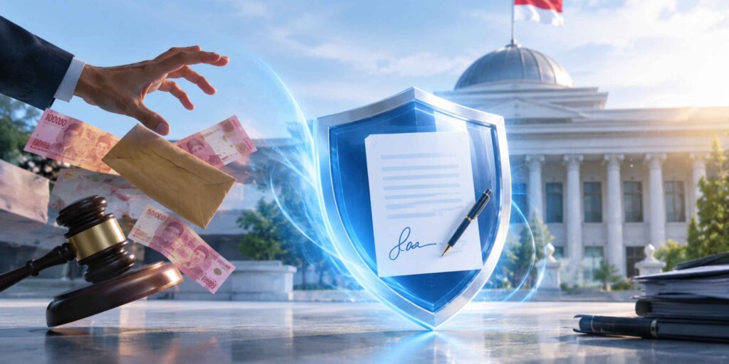 Ilustrasi pencegahan korupsi dan suap dengan perisai digital melindungi dokumen pakta integritas bertanda tangan di depan gedung pemerintahan