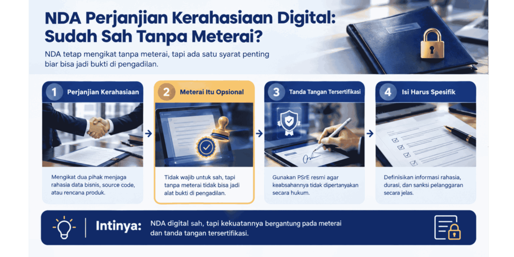 Infografis alur syarat sah NDA digital dari isi wajib, meterai, hingga tanda tangan tersertifikasi