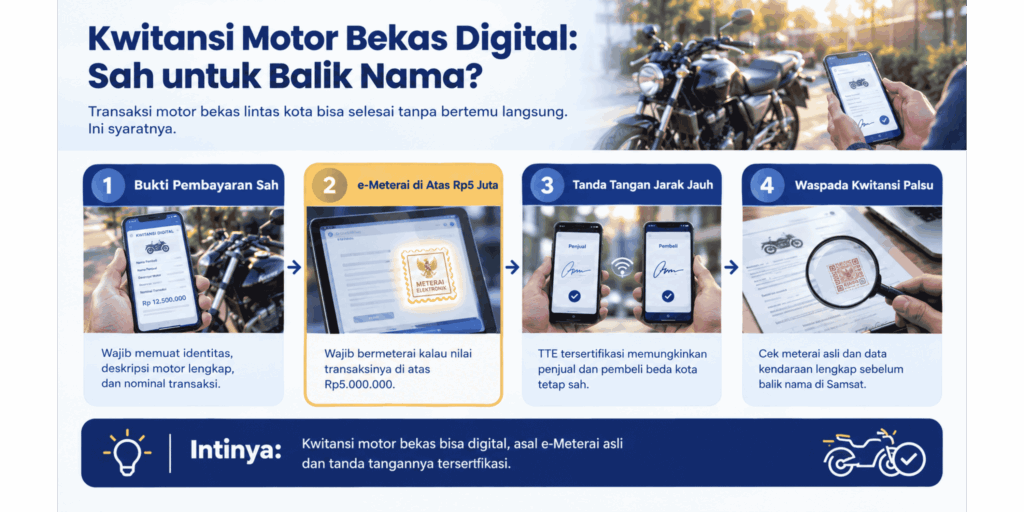 Infografis komponen wajib kwitansi motor bekas, ambang meterai, dan cara mengenali kwitansi palsu