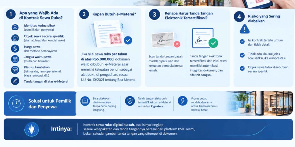 Infografis syarat sah dan proses tanda tangan kontrak sewa ruko digital