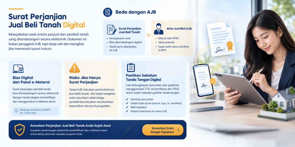 Infografis alur surat perjanjian jual beli tanah digital menuju akta jual beli resmi
