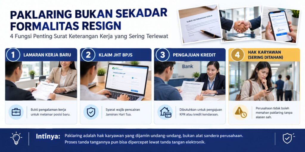 Infografis 4 fungsi penting paklaring atau surat keterangan kerja, termasuk klaim JHT dan hak karyawan yang tidak boleh ditahan