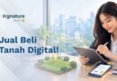 Ilustrasi surat perjanjian jual beli tanah digital dengan peta tanah dan smartphone