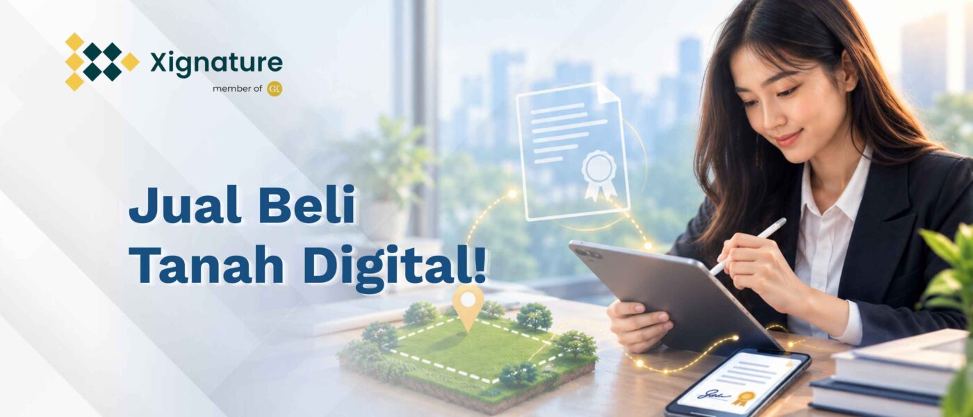 Ilustrasi surat perjanjian jual beli tanah digital dengan peta tanah dan smartphone