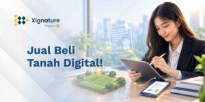 Ilustrasi surat perjanjian jual beli tanah digital dengan peta tanah dan smartphone