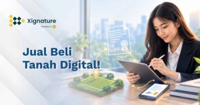Ilustrasi surat perjanjian jual beli tanah digital dengan peta tanah dan smartphone