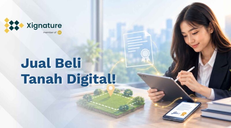 Ilustrasi surat perjanjian jual beli tanah digital dengan peta tanah dan smartphone