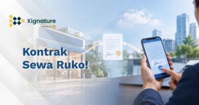 Ilustrasi kontrak sewa ruko digital antara pemilik dan penyewa lewat smartphone
