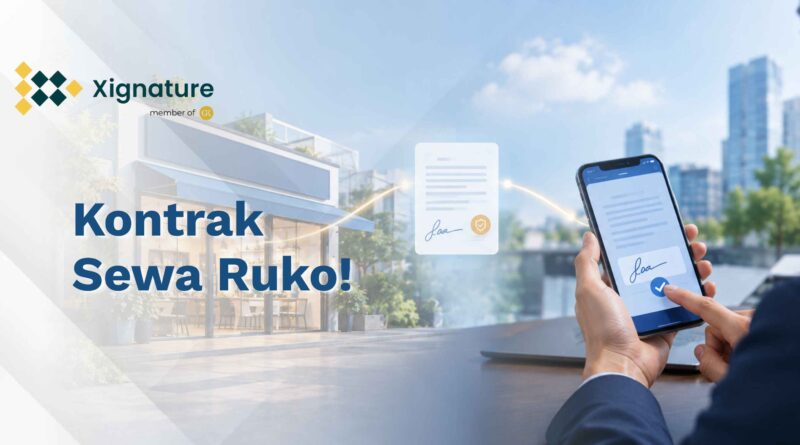 Ilustrasi kontrak sewa ruko digital antara pemilik dan penyewa lewat smartphone