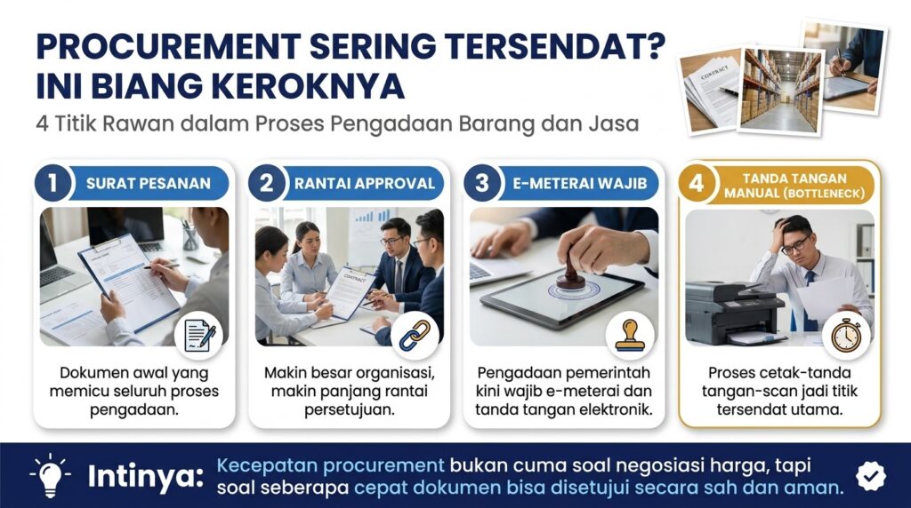 Manajer procurement menyetujui dokumen pengadaan barang secara digital lewat tablet