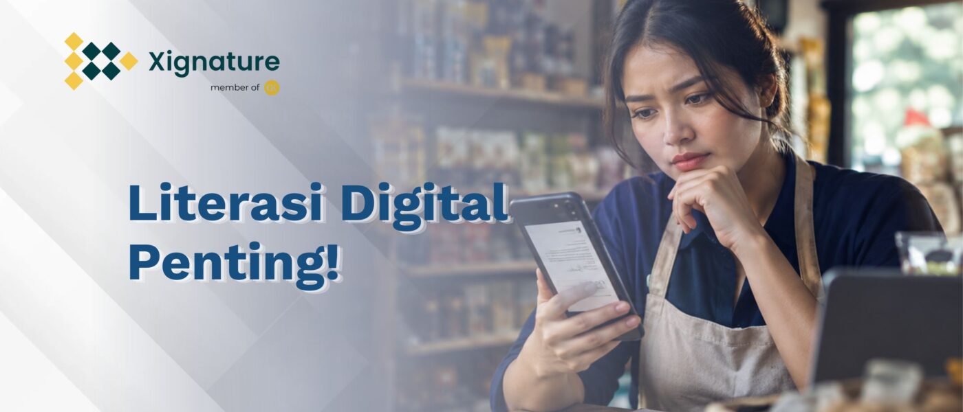 Pemilik usaha online memeriksa keaslian dokumen digital lewat smartphone, ilustrasi literasi digital dan keamanan siber