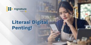 Pemilik usaha online memeriksa keaslian dokumen digital lewat smartphone, ilustrasi literasi digital dan keamanan siber
