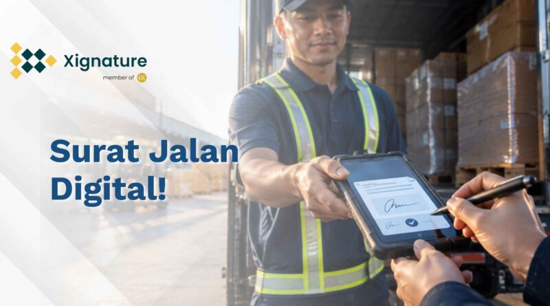 Foto sopir truk menyerahkan surat jalan digital ke penerima barang di gudang