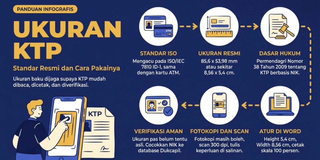 Empat panel yang merangkum ukuran KTP, standar ISO, pengaturan di Word, dan fotokopi aman