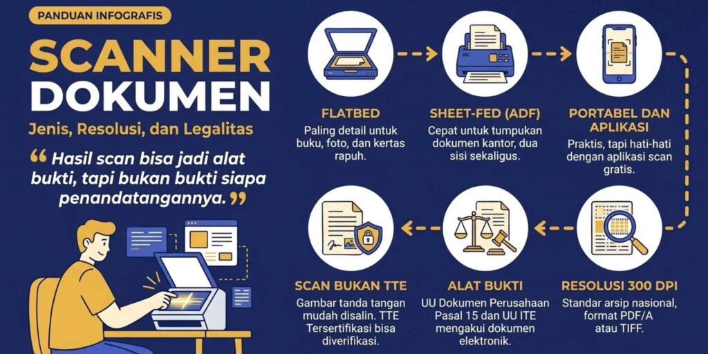 Photorealistic infographic, 4 panels on navy with gold accents, 3000x1500. Panel 1 four scanner types, flatbed, ADF, portable, phone app. Panel 2 resolusi 300 dpi dan format PDF/A. Panel 3 hasil scan sebagai alat bukti. Panel 4 scan versus TTE Tersertifikasi. Bottom bar with a document icon