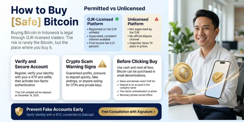Four panels showing how to buy Bitcoin safely, from checking the license to avoiding scams