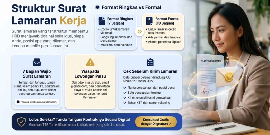 Empat panel yang menunjukkan urutan bagian surat lamaran pekerjaan dari tanggal sampai tanda tangan.