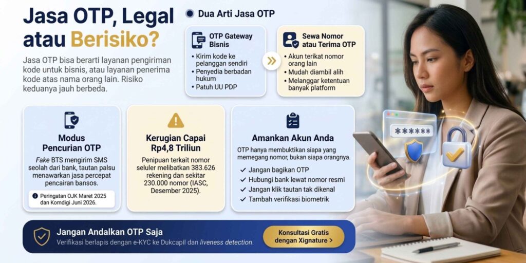 Empat panel yang membedakan jasa OTP legal dan berisiko, modus pencurian OTP, dan verifikasi berlapis.