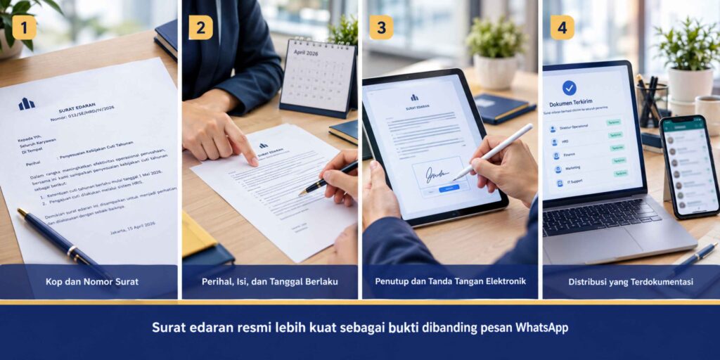 Infografis enam unsur surat edaran perusahaan yang sah, dari kop dan nomor surat, perihal dan isi, hingga tanda tangan elektronik dan bukti distribusi