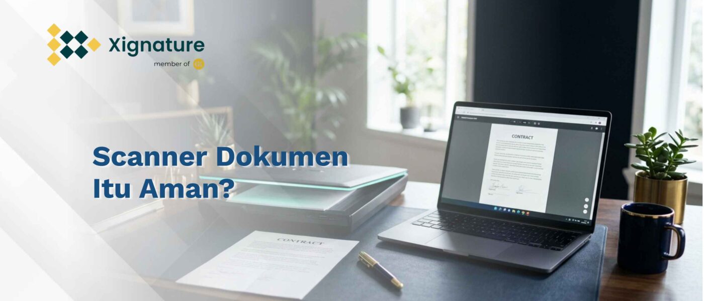 Scanner flatbed memindai kontrak bertanda tangan dengan laptop menampilkan hasil PDF.