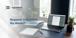 Scanner flatbed memindai kontrak bertanda tangan dengan laptop menampilkan hasil PDF.