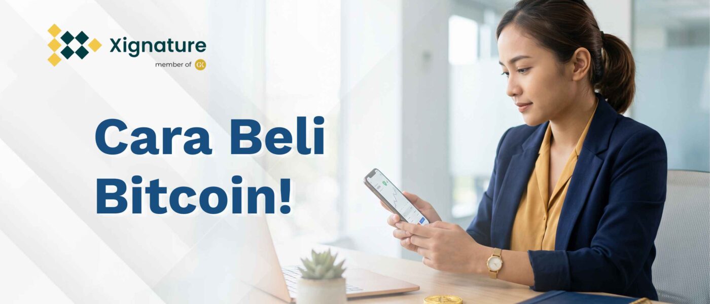 Ponsel menampilkan aplikasi Bitcoin dengan ikon perisai terverifikasi di samping koin emas