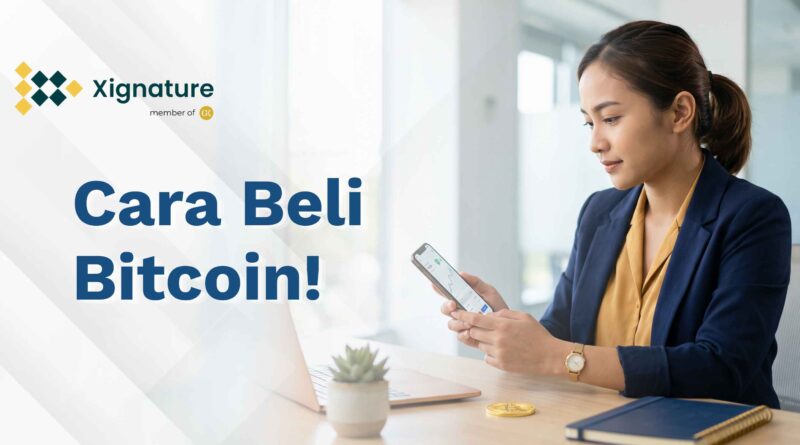 Ponsel menampilkan aplikasi Bitcoin dengan ikon perisai terverifikasi di samping koin emas