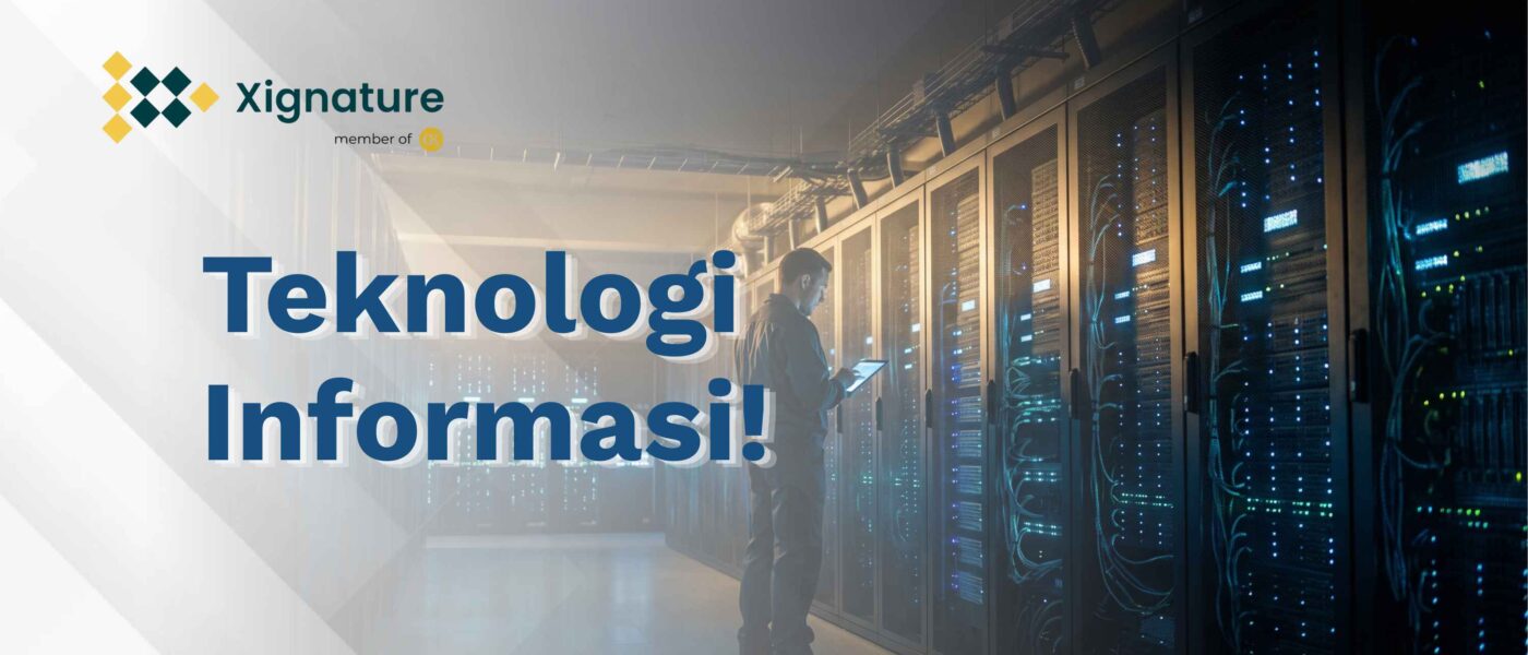 Staf TI memeriksa tablet di ruang server dengan pencahayaan navy dan emas