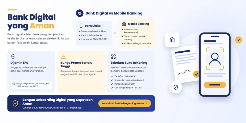 Infografis bank digital, perbedaannya dengan mobile banking, penjaminan LPS, dan checklist sebelum membuka rekening.